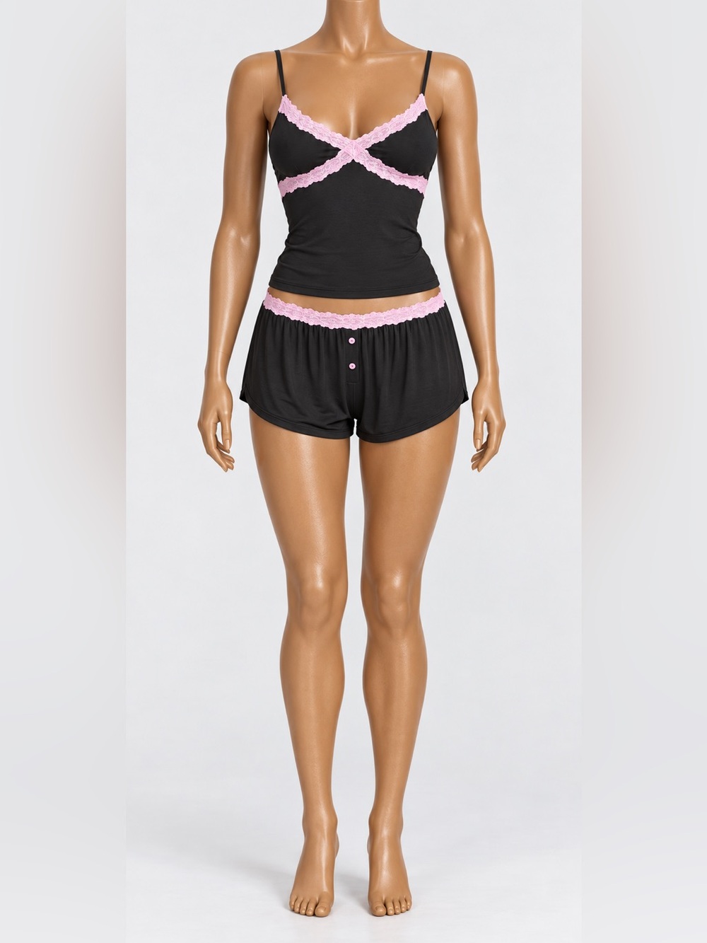 Women's Black and Pink Lace Trim Sleep Top&Short Sets